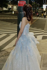 Princess A Line Sweetheart Light Blue Long Prom Dress with Beading