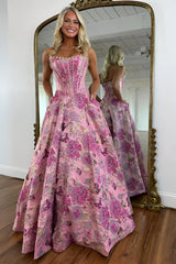 Romantic Floral Jacquard Strapless Corset Ball Gown Prom Dress with Pearls