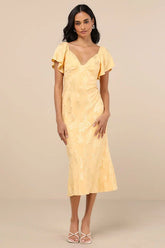 Effervescent Afternoon Yellow Satin Flutter Sleeve Midi Dress