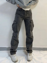 Washed Mid Waist Pocket Cargo Jeans