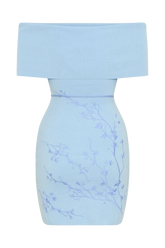 Mallory Off Shoulder Embroidered Knit Mini Dress - Ice Blue