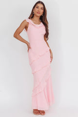 Sangria Cowl Neck Frill Maxi Dress Skin Powder