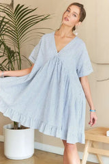 Hem Striped V-Neck Babydoll Dress