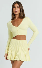 Naomi Two Piece Set - Contrast Knit Button Up Long Sleeve And Pleated Mini Skirt in Lemon