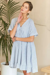 Hem Striped V-Neck Babydoll Dress