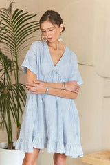 Hem Striped V-Neck Babydoll Dress