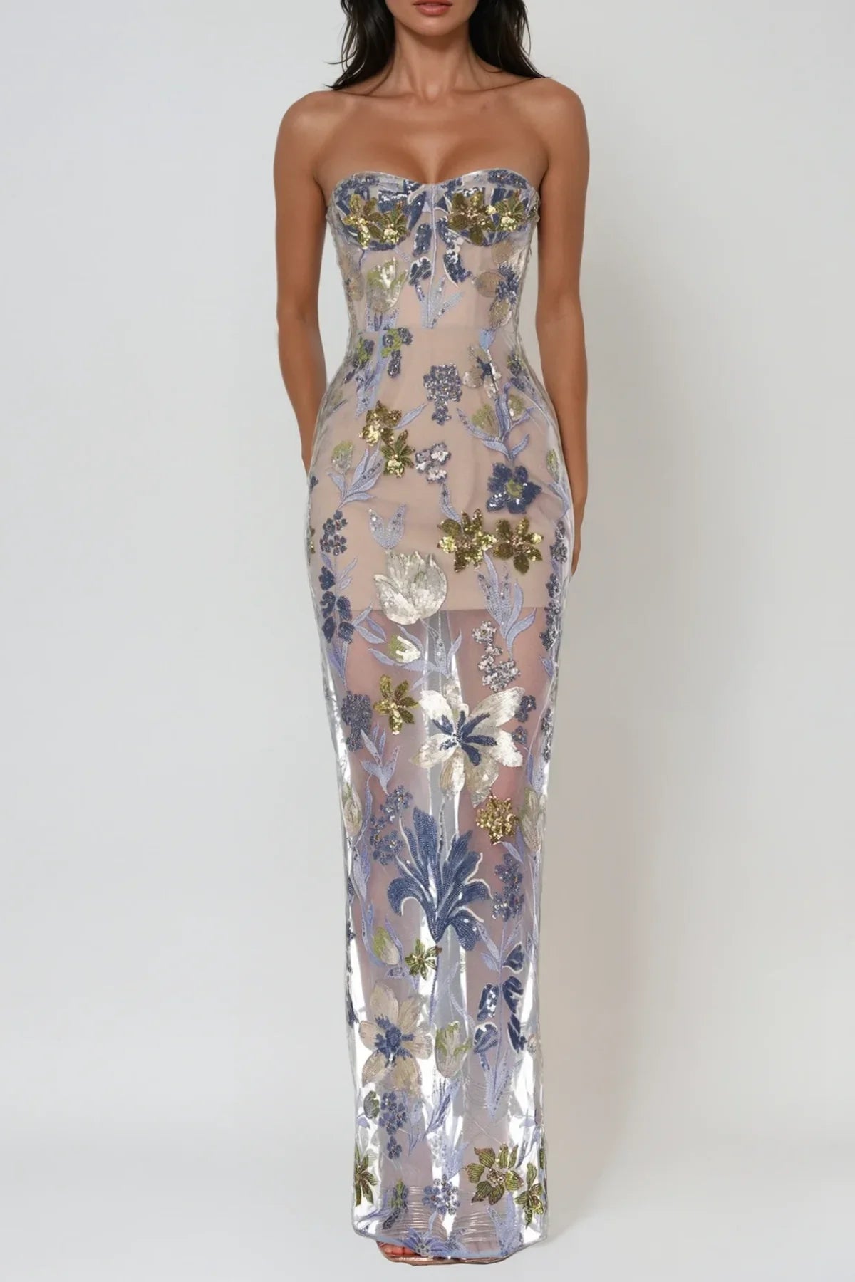 Denica Strapless Sequin Floral Maxi Dress