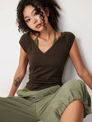 Halter Neckline Patchy Short Sleeve Top
