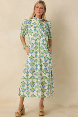 Fresh Fields Ivory Multi Cotton Floral Print Ruffle Neck Maxi Dress