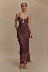 Raelynn Metallic Knit Fringe Midi Dress - Dark Chocolate