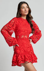 Kiss Me Now Mini Dress - Long Puff Sleeve Dress in Red Floral