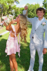 Blush Pink Ruffle Strap Mini Homecoming Dress with Side Cutouts
