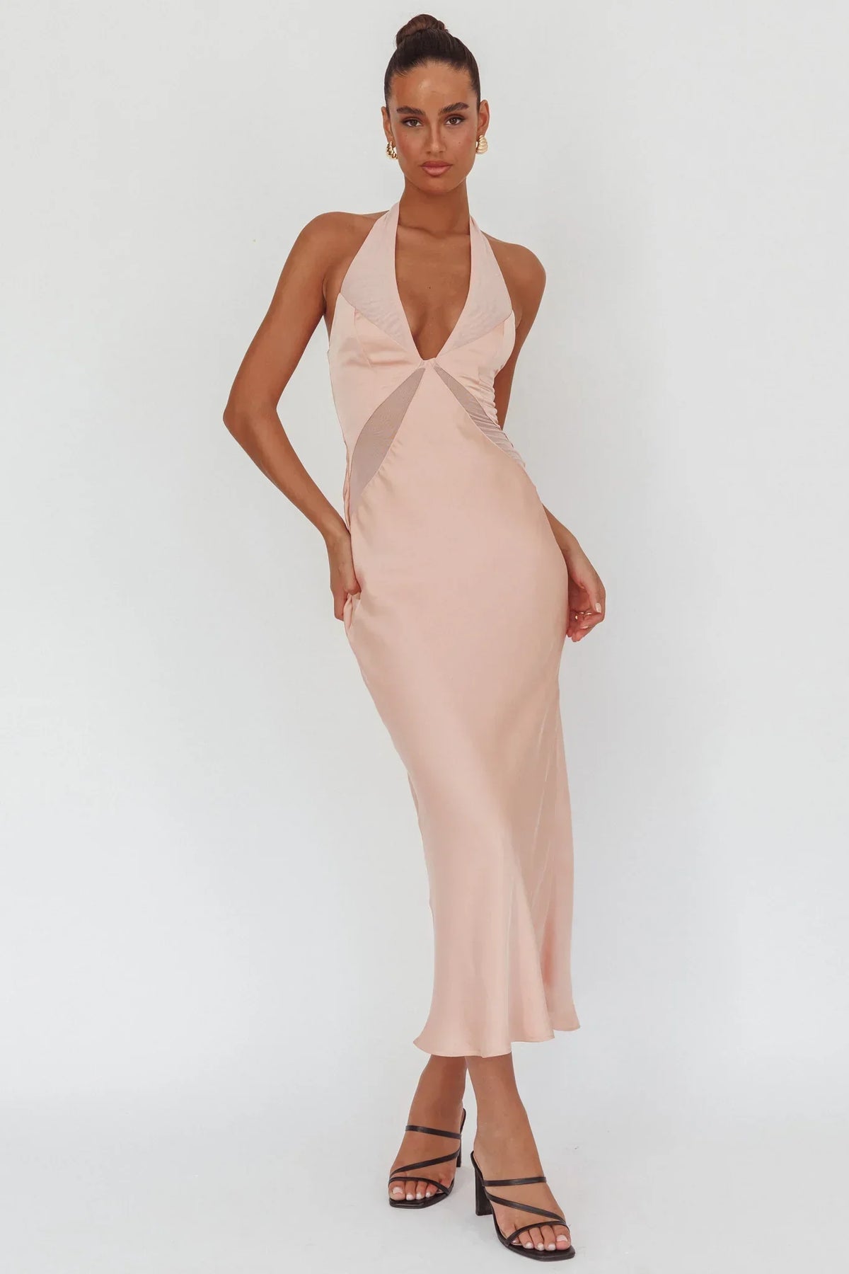 Kasi Sheer Panel Halter Maxi Dress Rose
