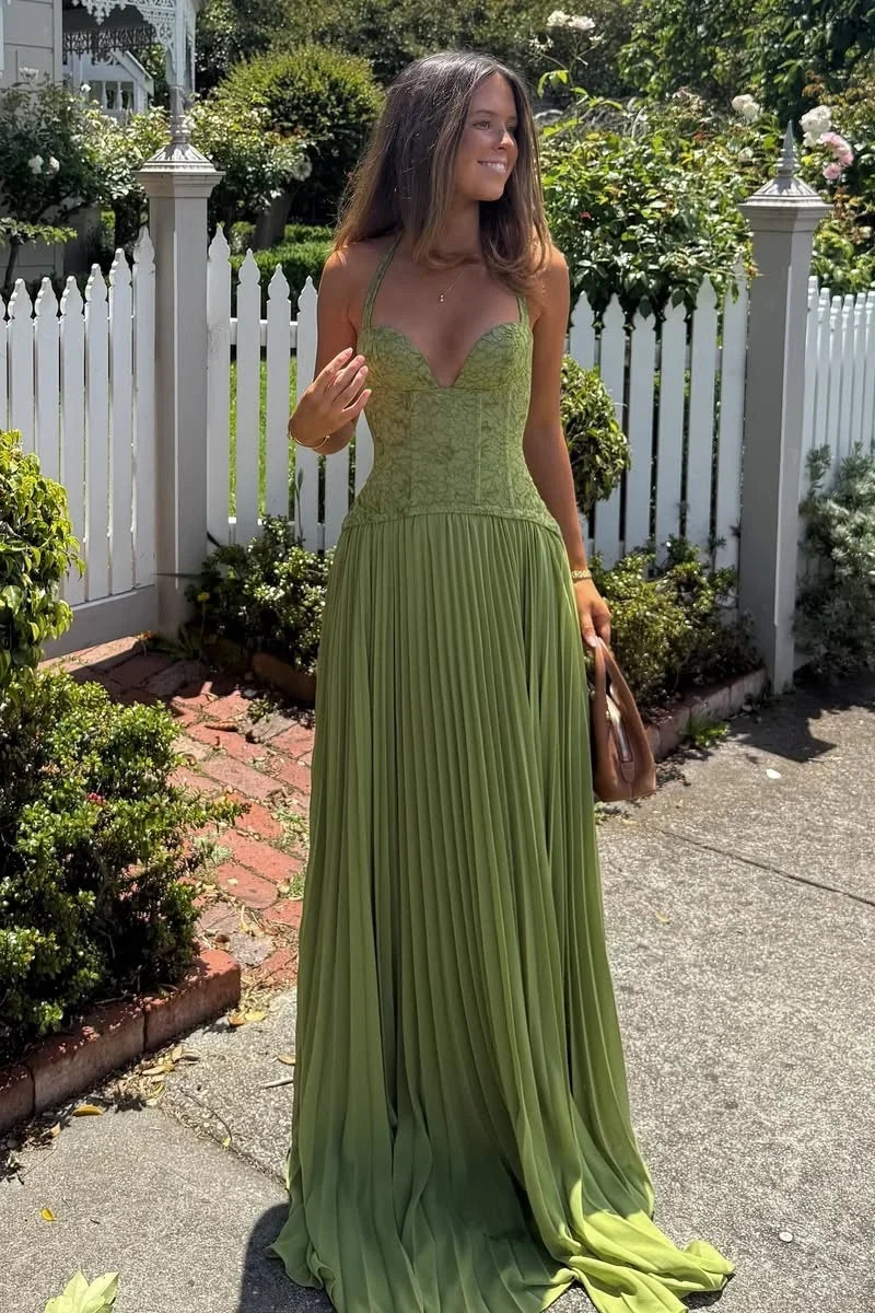 Gorgeous A Line Halter Neck Green Lace Corset Prom Dress with Ruffles