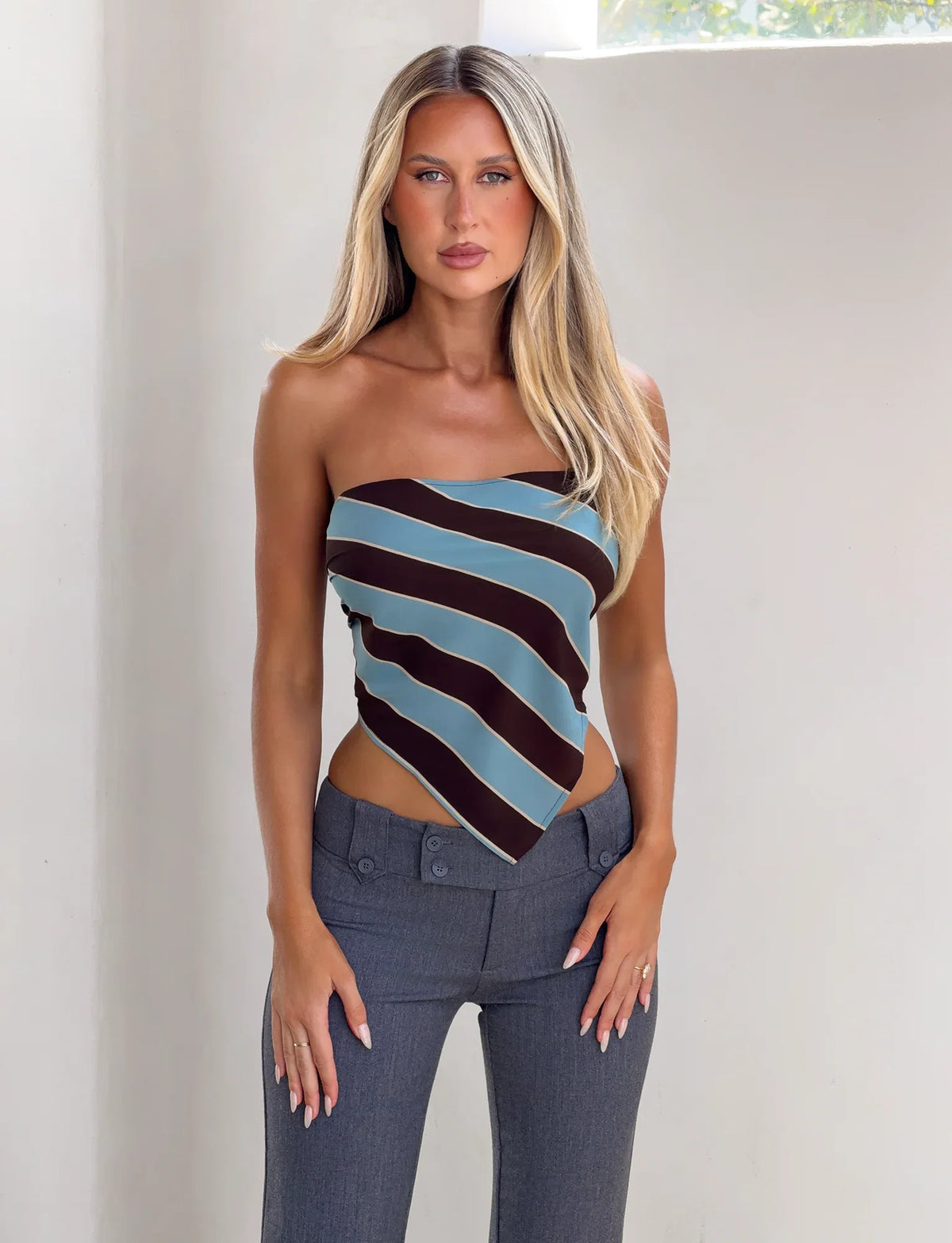 Lenin Scarf Top - Blue And Brown Stripe